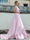 A-Line/Princess Satin Beading Halter Sleeveless Sweep/Brush Train Dresses Prom Evening Dress