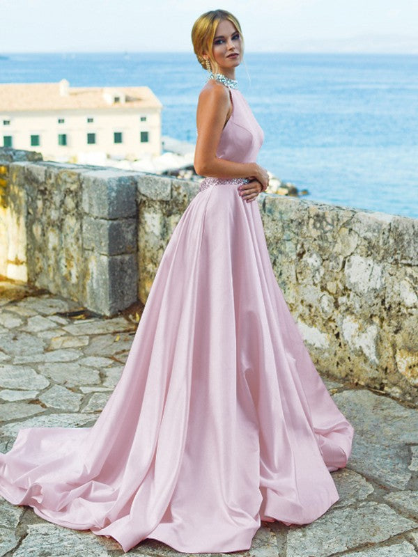 A-Line/Princess Satin Beading Halter Sleeveless Sweep/Brush Train Dresses Prom Evening Dress