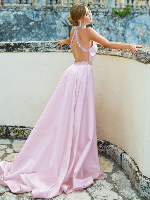 A-Line/Princess Satin Beading Halter Sleeveless Sweep/Brush Train Dresses Prom Evening Dress