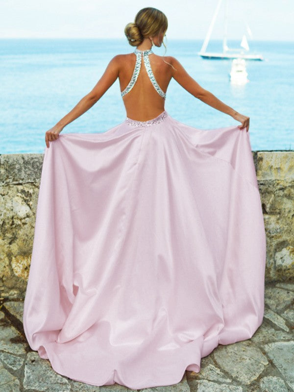 A-Line/Princess Satin Beading Halter Sleeveless Sweep/Brush Train Dresses Prom Evening Dress