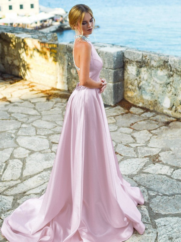 A-Line/Princess Satin Beading Halter Sleeveless Sweep/Brush Train Dresses Prom Evening Dress