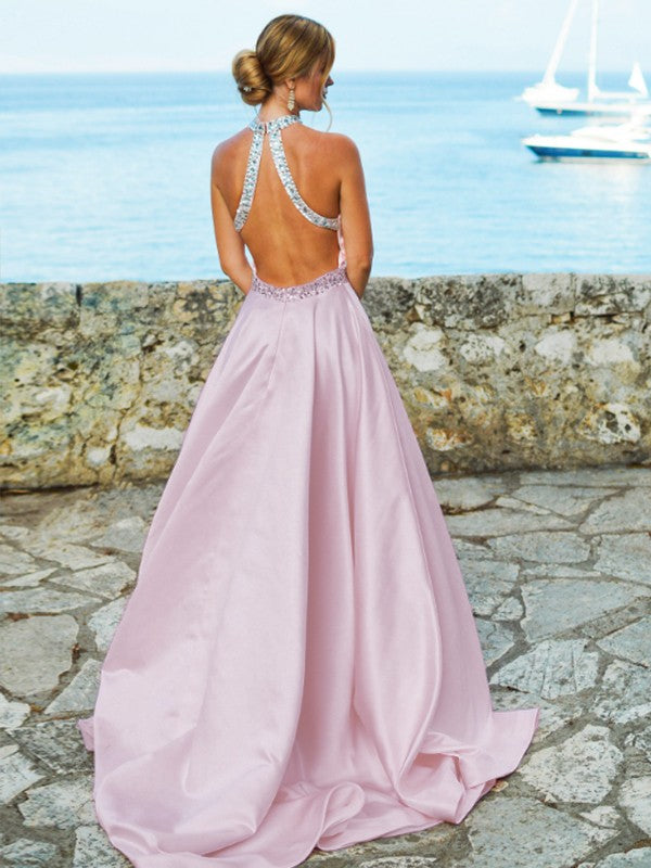 A-Line/Princess Satin Beading Halter Sleeveless Sweep/Brush Train Dresses Prom Evening Dress