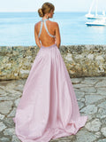 A-Line/Princess Satin Beading Halter Sleeveless Sweep/Brush Train Dresses Prom Evening Dress