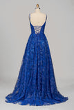 Royal Blue - A-Line Sequined Lace Spaghetti Straps Long Prom Dresses