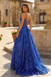 Royal Blue - A-Line Sequined Lace Spaghetti Straps Long Prom Dresses