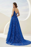 Royal Blue - A-Line Sequined Lace Spaghetti Straps Long Prom Dresses