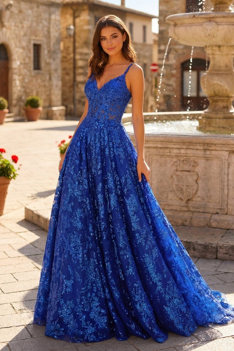 Royal Blue - A-Line Sequined Lace Spaghetti Straps Long Prom Dresses