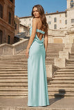 Sky Blue Strapless Sheath Satin Pleated Open Back Long Prom Dresses