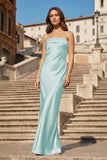 Sky Blue Strapless Sheath Satin Pleated Open Back Long Prom Dresses