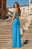 Sky Blue Strapless Sheath Satin Pleated Open Back Long Prom Dresses