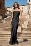 Sky Blue Strapless Sheath Satin Pleated Open Back Long Prom Dresses