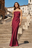 Sky Blue Strapless Sheath Satin Pleated Open Back Long Prom Dresses