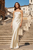 Sky Blue Strapless Sheath Satin Pleated Open Back Long Prom Dresses