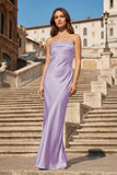 Sky Blue Strapless Sheath Satin Pleated Open Back Long Prom Dresses
