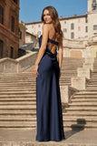 Sky Blue Strapless Sheath Satin Pleated Open Back Long Prom Dresses