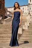 Sky Blue Strapless Sheath Satin Pleated Open Back Long Prom Dresses