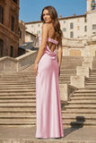 Sky Blue Strapless Sheath Satin Pleated Open Back Long Prom Dresses