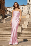 Sky Blue Strapless Sheath Satin Pleated Open Back Long Prom Dresses