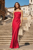 Sky Blue Strapless Sheath Satin Pleated Open Back Long Prom Dresses