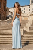 Sky Blue Strapless Sheath Satin Pleated Open Back Long Prom Dresses