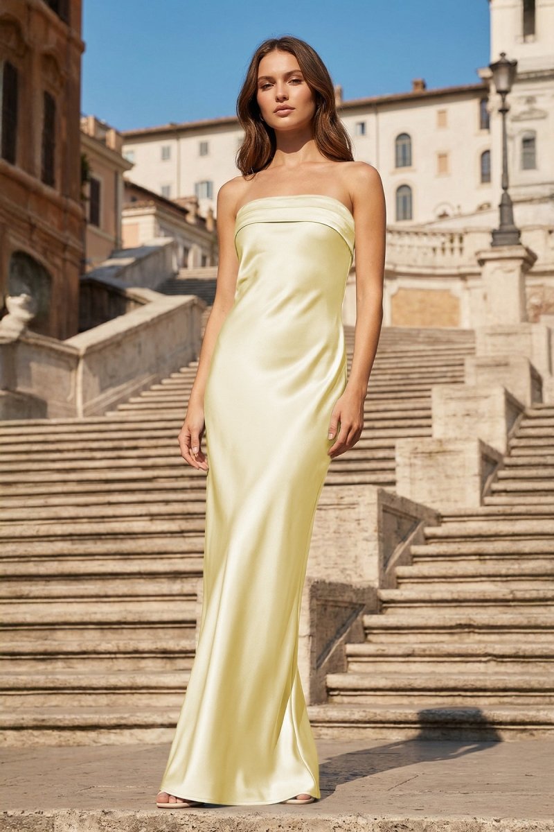 Sky Blue Strapless Sheath Satin Pleated Open Back Long Prom Dresses