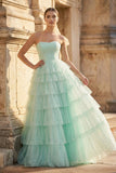 Mint Green Sweetheart Tulle Tiered A-Line Long Prom Dress with Slit