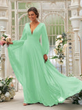Vestido de dama de honor de corte A/princesa, de gasa, con volantes, escote en V, mangas largas y cola larga, vestido para madre de la novia