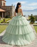Sage Green  Luxury Tiered Tulle Ruffles Beaded Ball Gown Quinceanera Dress