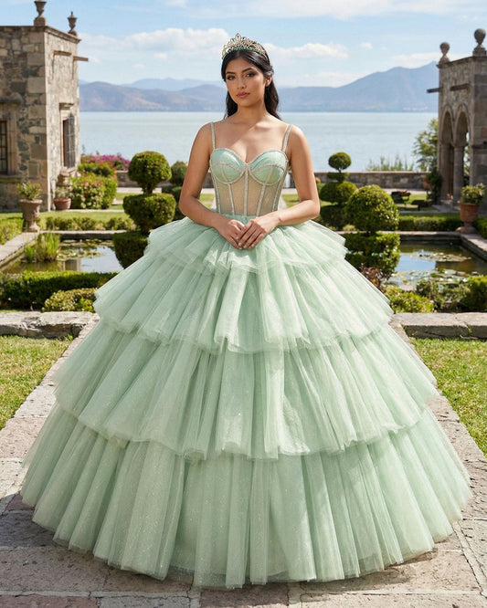 Sage Green  Luxury Tiered Tulle Ruffles Beaded Ball Gown Quinceanera Dress