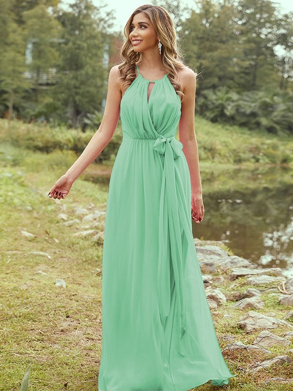 A-Line/Princess Chiffon Ruffles Halter Sleeveless Sweep/Brush Train Bridesmaid Dresses	Evening Prom Dress