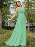 A-Line/Princess Chiffon Lace V-neck Sleeveless Floor-Length Bridesmaid Dresses Evening Prom Dress