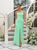 A-Line/Princess Silk like Satin Ruffles Spaghetti Straps Sleeveless Floor-Length Bridesmaid Dresses Evening Dress