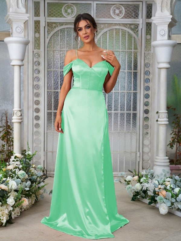 A-Line/Princess Silk like Satin Ruched Sweetheart Sleeveless Sweep/Brush Train Bridesmaid Dresses Evening Dress