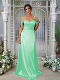 A-Line/Princess Silk like Satin Ruched Sweetheart Sleeveless Sweep/Brush Train Bridesmaid Dresses Evening Dress