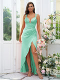 Sheath/Column Charmeuse Ruched V-neck Sleeveless Floor-Length Bridesmaid Dresses Evening Dress