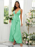 A-Line/Princess Silk like Satin Ruffles V-neck Sleeveless Floor-Length Bridesmaid Dresses Prom Dress