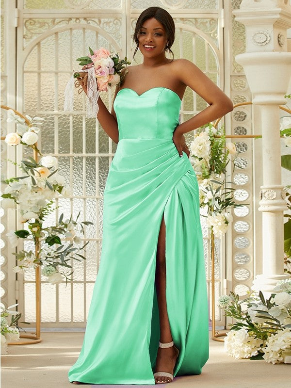 Sheath/Column Silk like Satin Ruched Sweetheart Sleeveless Sweep/Brush Train Bridesmaid Dresses Evening Dress