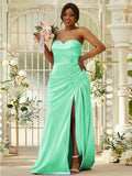 Sheath/Column Silk like Satin Ruched Sweetheart Sleeveless Sweep/Brush Train Bridesmaid Dresses Evening Dress
