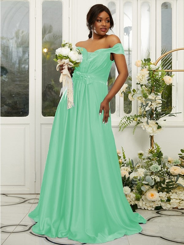 A-Line/Princess Silk like Satin Ruffles Off-the-Shoulder Sleeveless Sweep/Brush Train Bridesmaid Dresses Evening Dress