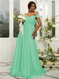 A-Line/Princess Silk like Satin Ruffles Off-the-Shoulder Sleeveless Sweep/Brush Train Bridesmaid Dresses Evening Dress