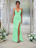 Sheath/Column Silk like Satin Ruched V-neck Sleeveless Sweep/Brush Train Bridesmaid Dresses Evening Dress