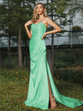 Sheath/Column Silk like Satin Ruched Sweetheart Sleeveless Sweep/Brush Train Bridesmaid Dresses Evening Dress