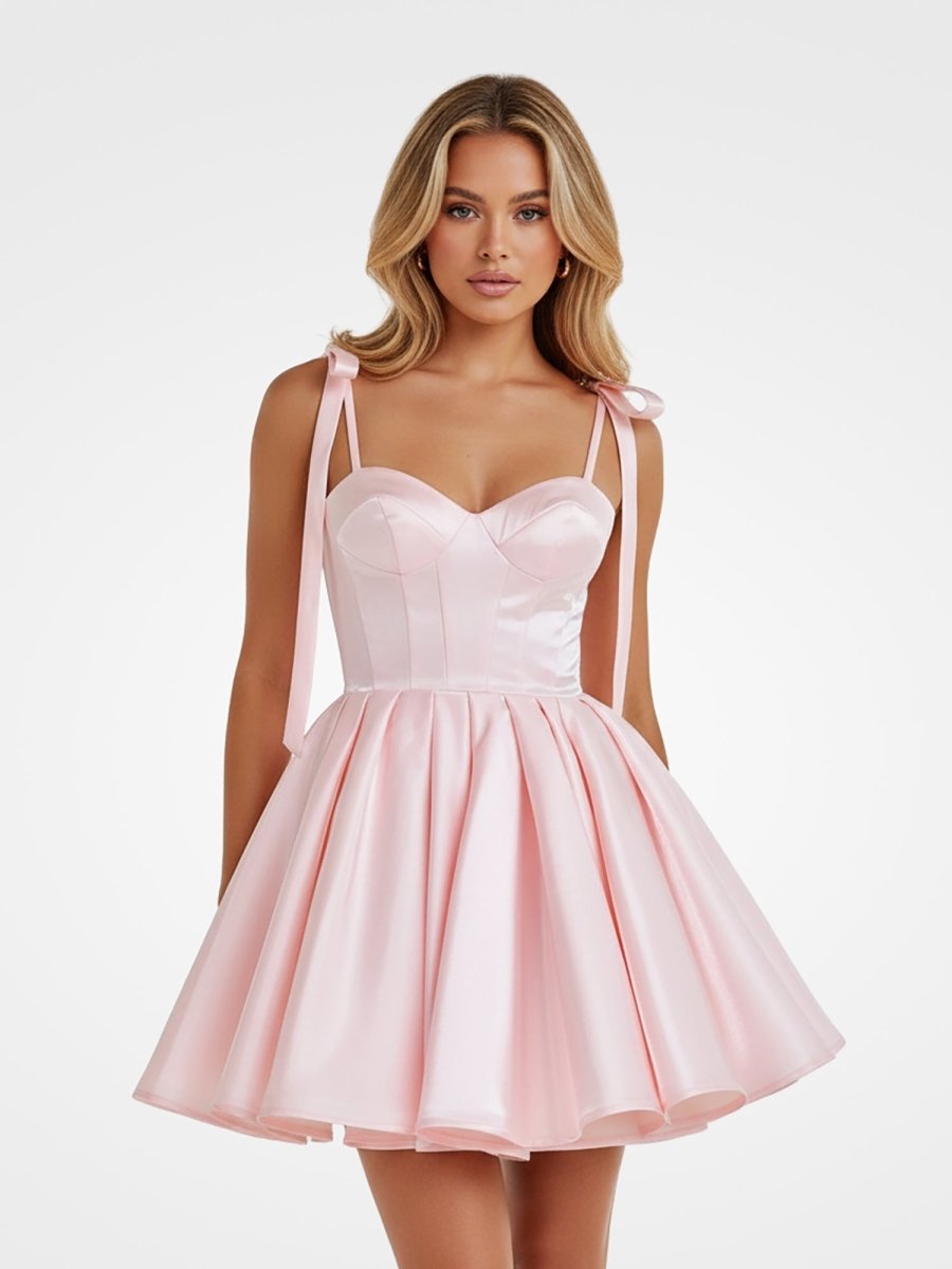 Navy Blue Spaghetti Straps Satin Pleated A-Line Homecoming Dress with Bow