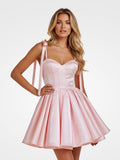 Navy Blue Spaghetti Straps Satin Pleated A-Line Homecoming Dress with Bow