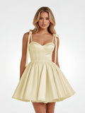 Navy Blue Spaghetti Straps Satin Pleated A-Line Homecoming Dress with Bow
