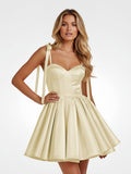 Navy Blue Spaghetti Straps Satin Pleated A-Line Homecoming Dress with Bow