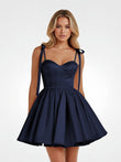 Navy Blue Spaghetti Straps Satin Pleated A-Line Homecoming Dress with Bow