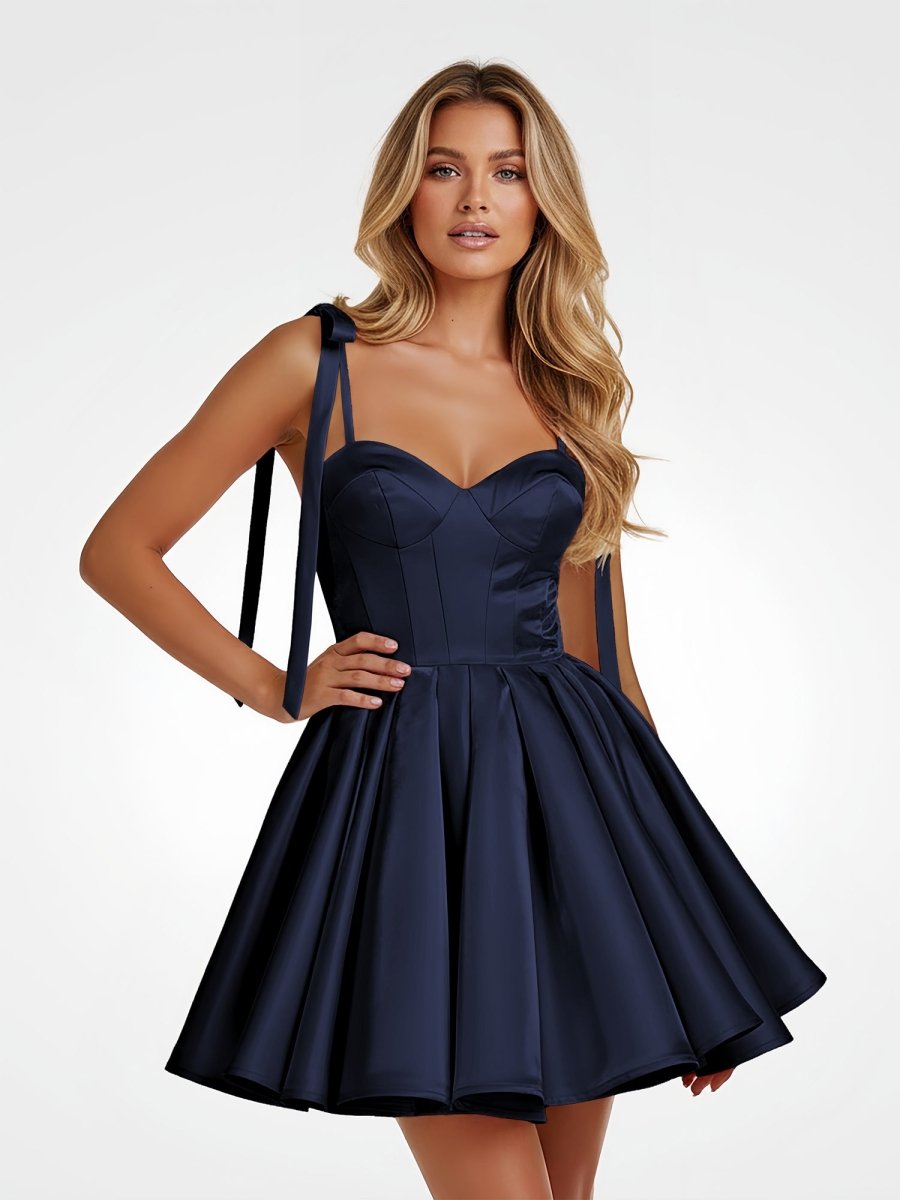 Navy Blue Spaghetti Straps Satin Pleated A-Line Homecoming Dress with Bow