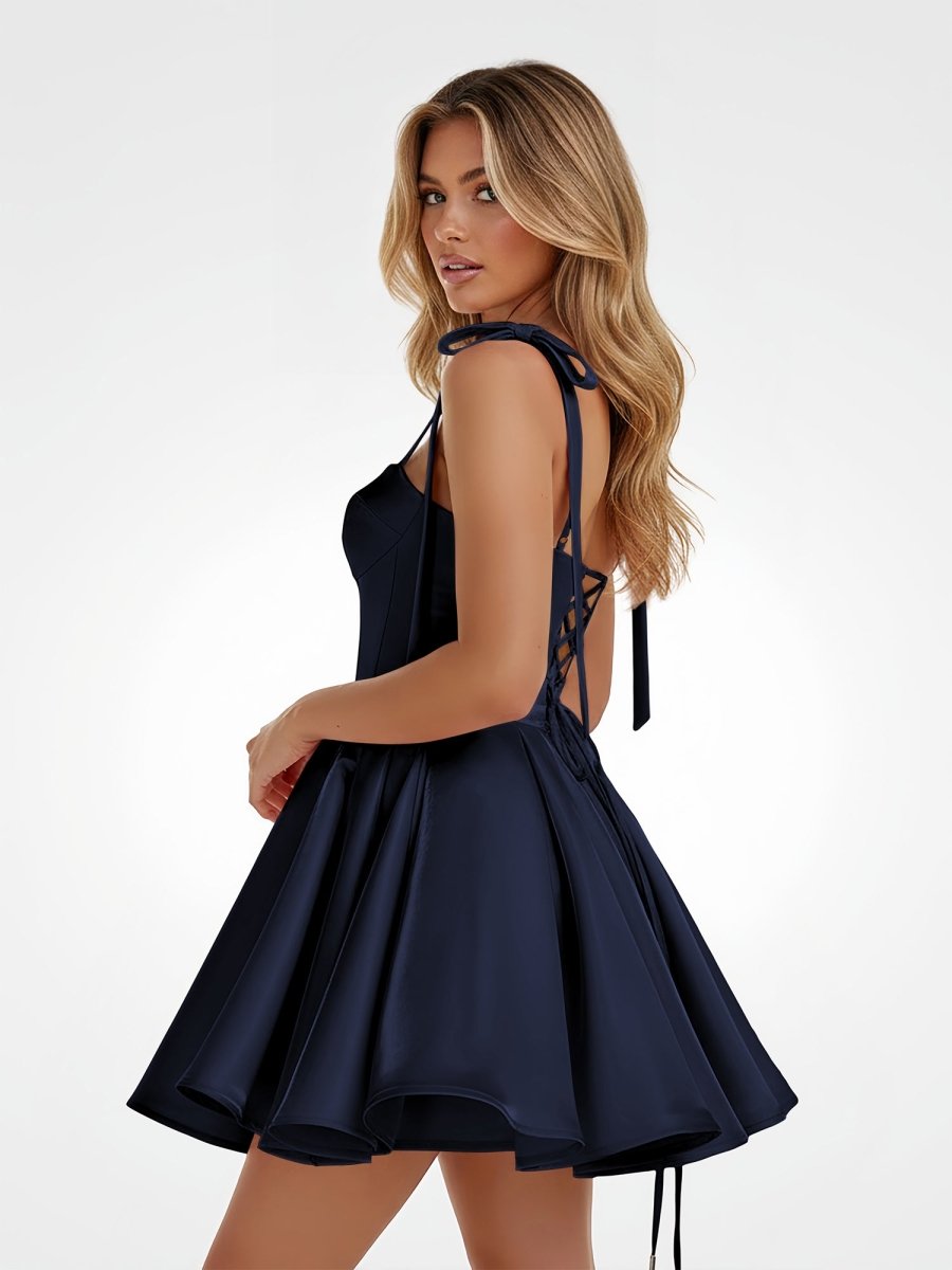 Navy Blue Spaghetti Straps Satin Pleated A-Line Homecoming Dress with Bow