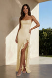 Pink Sheath Spaghetti Straps Sequins Pleated Long Prom Dresses With Ruffles
